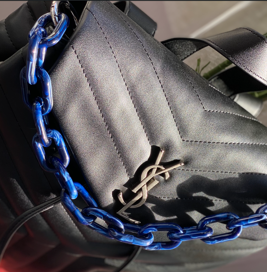 marble at midnight This hand bag chain can be purchased in three different lengths. Small approximately 15 1/2 inches Medium approximately 19 inches Large 43 1/2 inches With silver or gold hardware options.